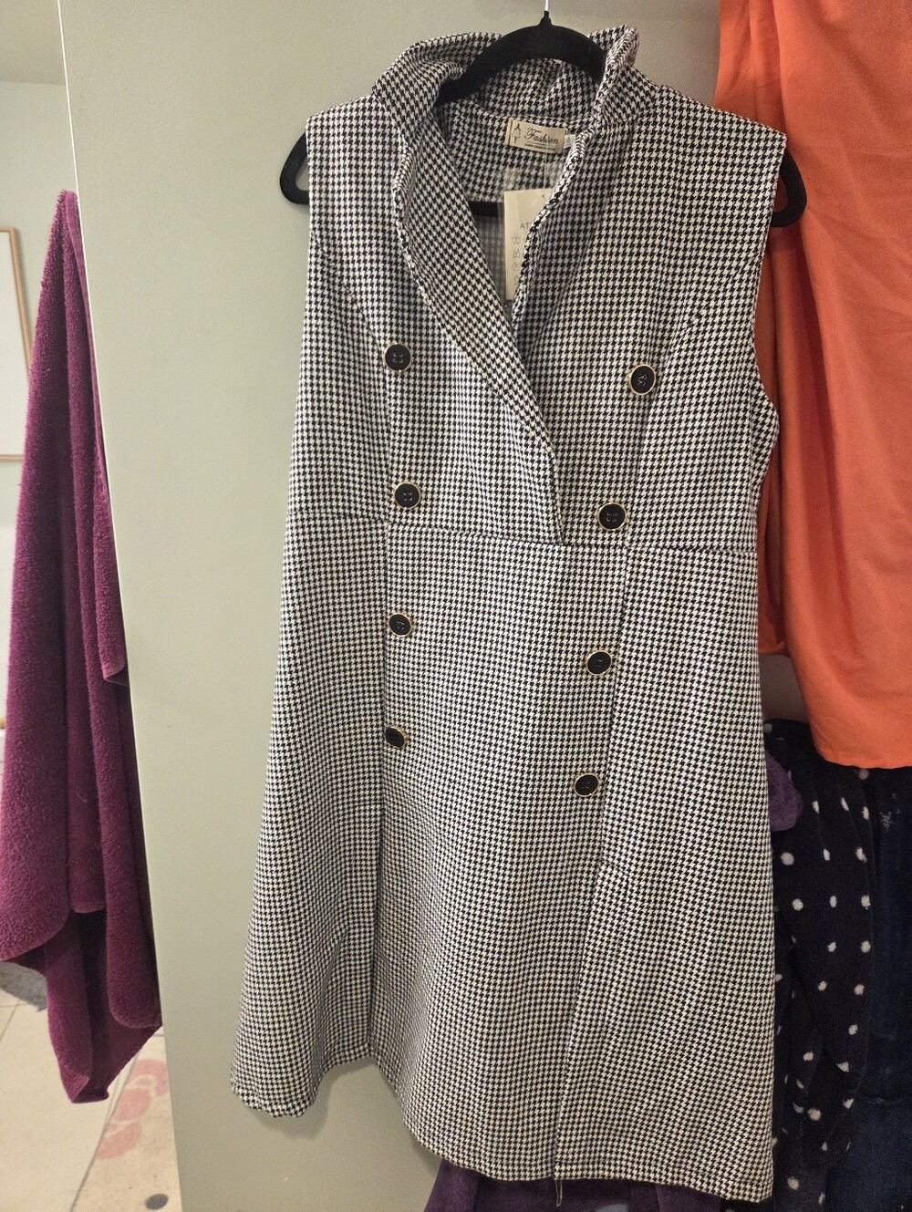 Sleeveless Houndstooth Double-Breasted Dress - Black & White
